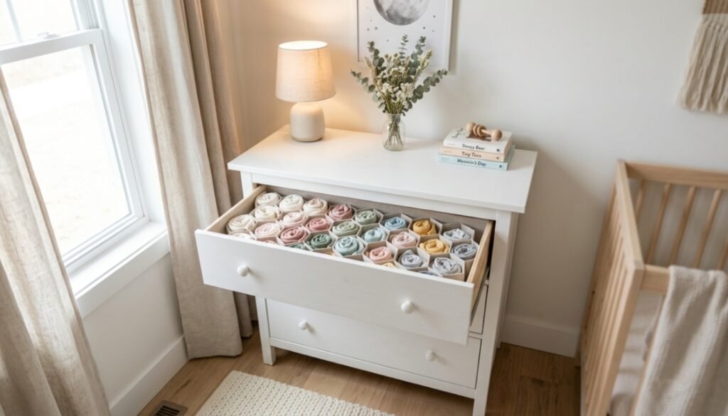 Cantinho de quarto de bebê simples e acolhedor com cômoda organizada por colmeias de tecido e cesto de higiene para enxoval de bebê econômico